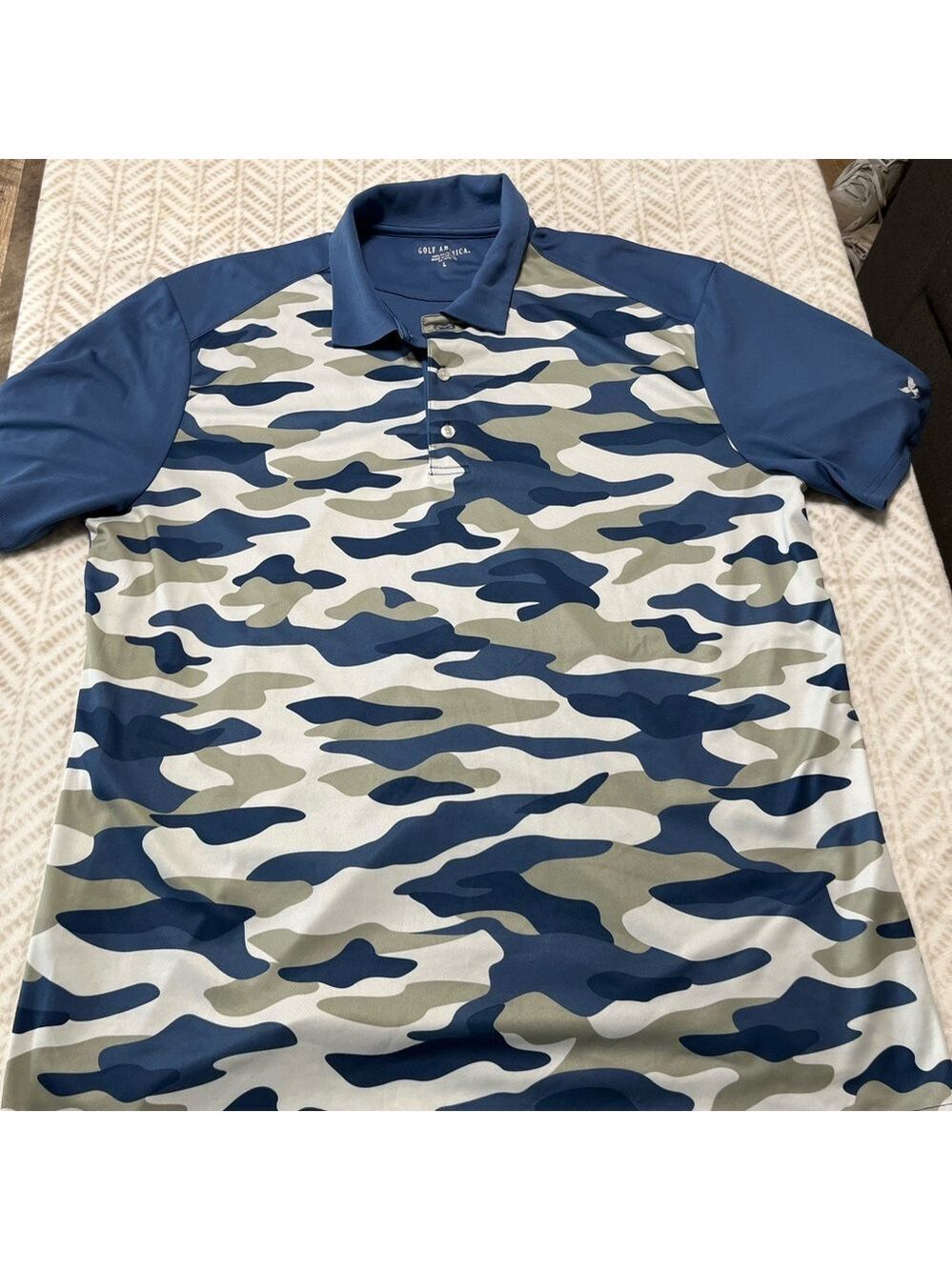 GOLF AMERICA.... Men's Polo.....  Navy Blue, Gray, White..... Camo Front   L